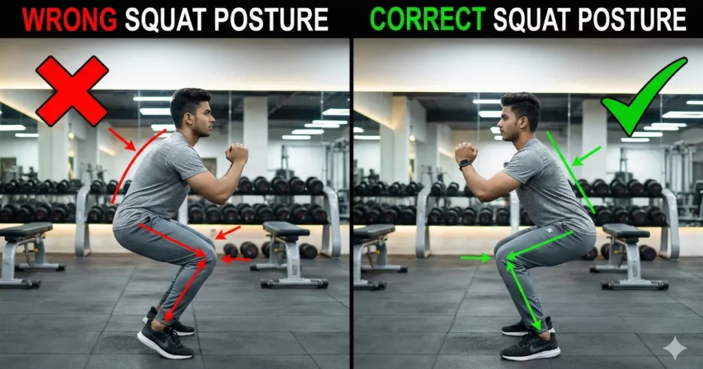 Wrong vs correct squat form for beginners in gym