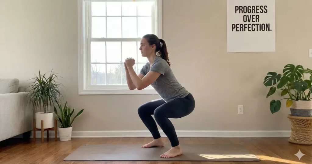 Beginner doing bodyweight squats to build muscle strength safely.