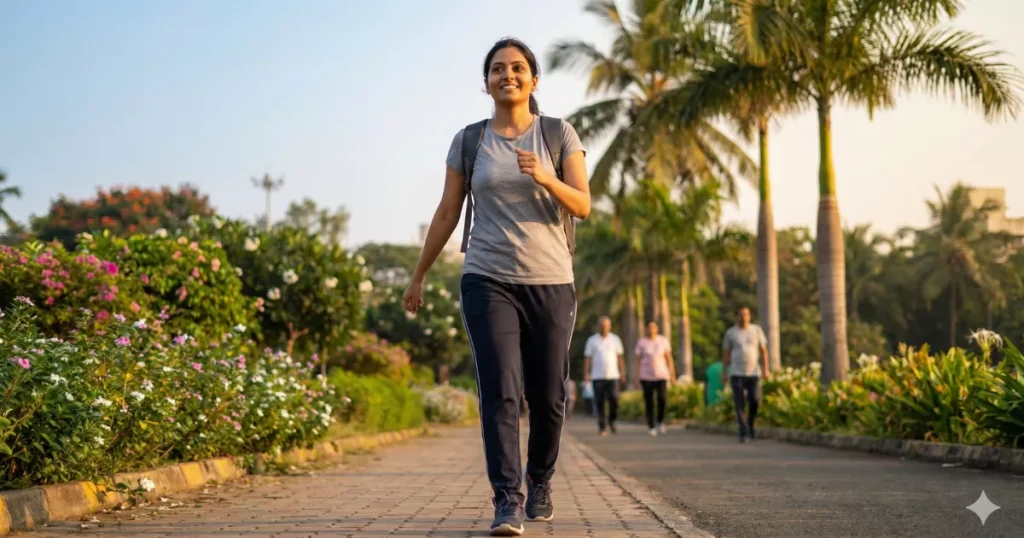 Beginner brisk walking to improve heart health and stamina.