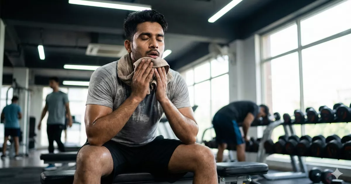 Beginner doing too much workout on first day in gym looking exhausted