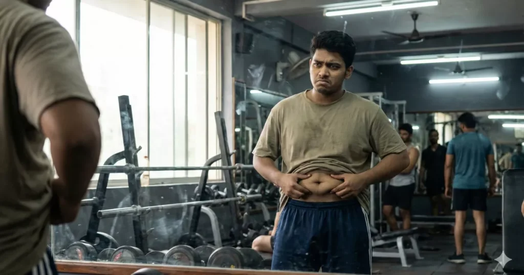 Beginner expecting quick fitness results looking in gym mirror