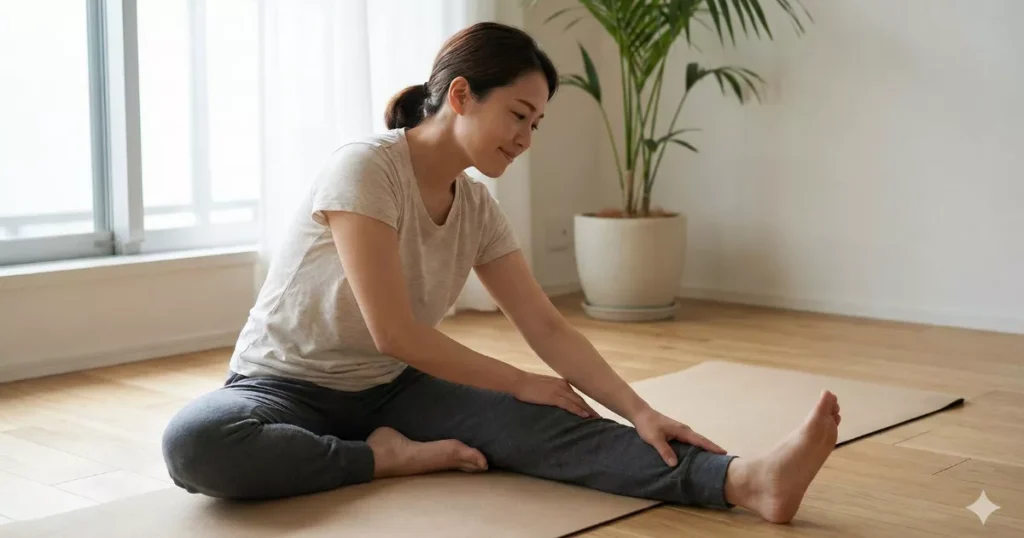 Beginner performing a hamstring stretch to improve flexibility.