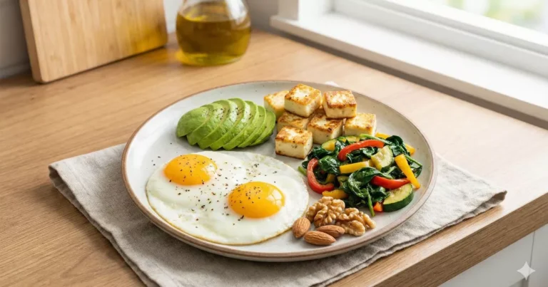 Keto-friendly meal plate with low carb high fat foods