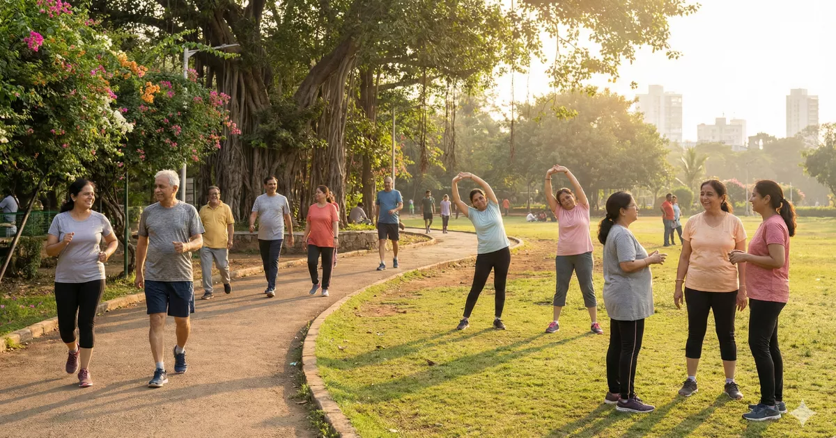 Group of beginners doing light exercise outdoors representing the true meaning of fitness.