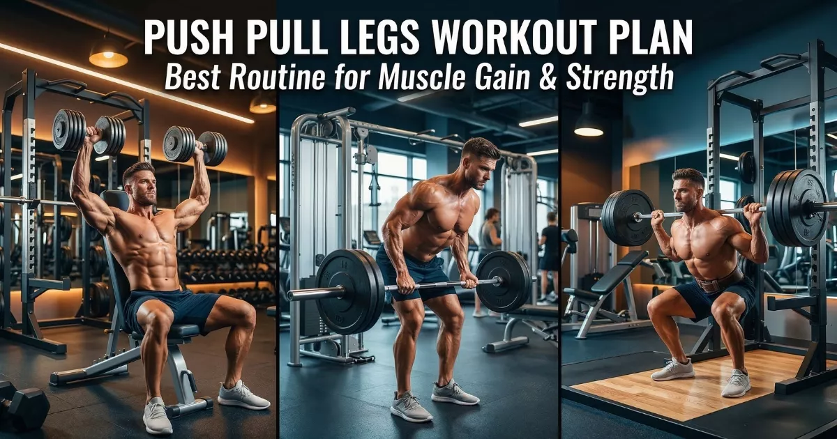 Push Pull Legs Workout Plan blog banner showing a man doing push, pull, and leg exercises in the gym.